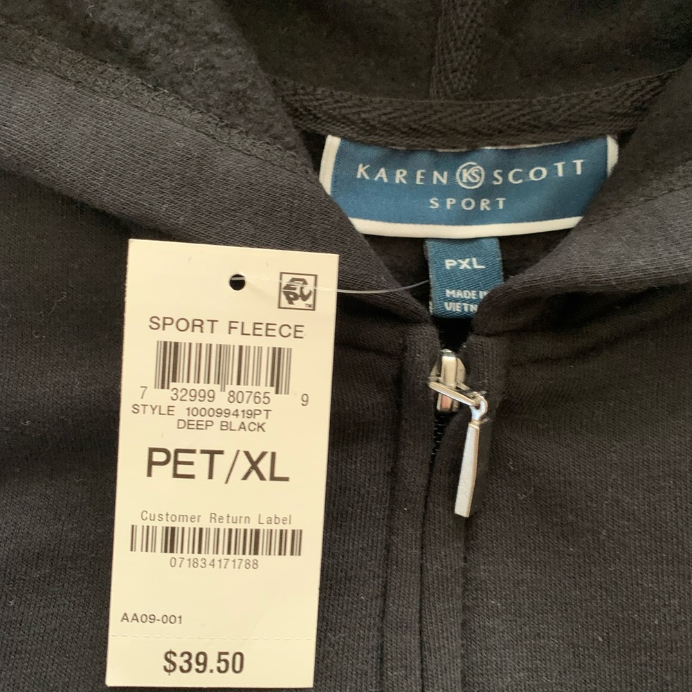 Karen Scott black hooded sweatshirt. PXL